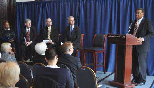 College Board Vice President Ronald Williams (right) speaks at a Washington news conference to announce the release of &ldquo;The Financial Aid Challenge&rdquo; by the College Board&rsquo;s Advocacy and Policy Center. (photo by Arelis Hernandez)