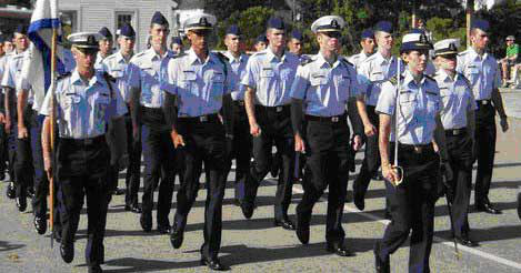 Cadets participate in flag ceremony at the Coast Guard Academy.