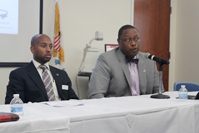 (Left) Dr. Jerlando F. L. Jackson, who directs Wisconsin’s Equity & Inclusion Laboratory and holds the Vilas Distinguished Professorship of Higher Education at the University of Wisconsin-Madison, on a panel with Dr. James L. Moore, III, who holds the College of Education and Human Ecology Distinguished Professorship of Urban Education at Ohio State University (OSU) and currently serves as associate provost and director of the Todd Anthony Bell National Resource Center on the African American Male at Ohio State University. (Photo by Clifford White)
