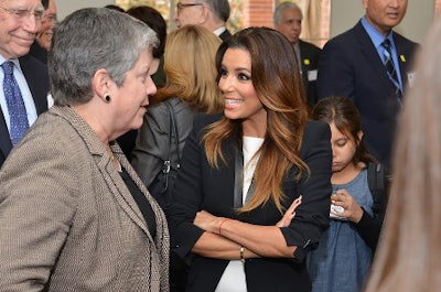 Actress and education advocate Eva Longoria, center, talks with Janet Napolitano, president of the University of California system. (Photo courtesy of UCLA)