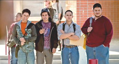 A still from Spare Parts features the robotics teammates (from left to right): David Del Rio as Cristian Arcega, José Julián as Lorenzo Santillan, Carlos PenaVega as Oscar Vazquez, and Oscar Gutierrez as Luis Aranda.