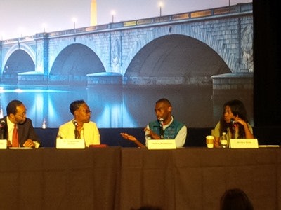 DeRay Mckesson of Black Lives Matter, second from right, and Breana Ross of the United States Student Association, far right, were among panelists discussing challenges to the BLM movement.