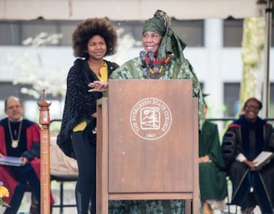 Dr. Maxine Mimms and guest Genieva Arunga, left, deliver the commencement address at Evergreen’s 2016 graduation ceremony.