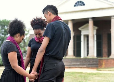 Members of the community performance project preparing for their performance on the West Lawn of Monticello.