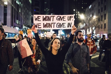 Thousands of protesters take to the streets of Chicago, Illinois, USA, on November 9, 2016 after Donald Trump was elected president of the United States. (Photo from Sipa via AP Images)