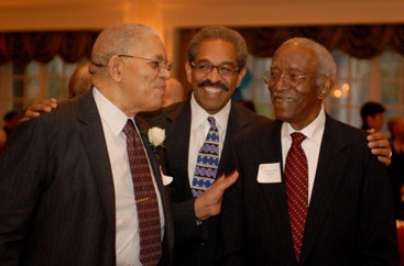 From left, Dr. Samuel DuBois Cook, Dr. Benjamin D. Reese Jr. and Dr. John Hope Franklin share a light moment together.