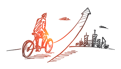 Hand drawn man going up on bicycle