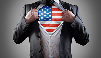 Businessman superhero with the American flag shirt