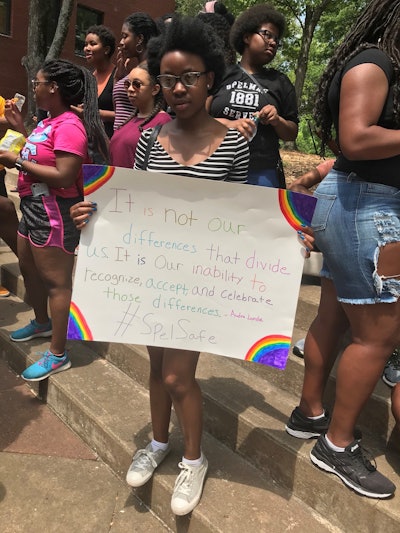 Spelman College students gather on campus for a peaceful protest about LGBTQ+ students’ safety at Spelman.