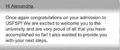 An excerpt of one of the 430 emails sent to USFSP applicants by mistake
