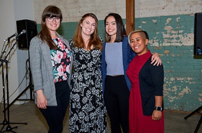 Instructor Heather Fipps (second from left) witn Madeline Tondi (left) and other Community Impact Media students. Photo by Cal State LA.