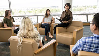 Dr. Astrid S. Tuminez speaking with Utah Valley University students.