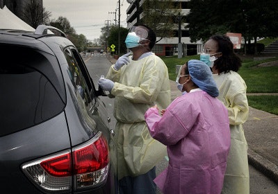 This drive-through testing site at Meharry Medical College, in a Black neighborhood, opened in March. Photo Credit: Ken Morris/Meharry Medical College