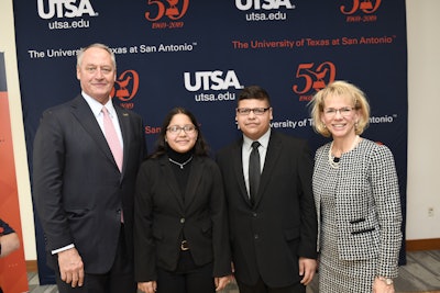 Dr. Taylor Eighmy (far left) and Dr. Kimberly Andrews Espy (far right) with the first recipients of Bold Promise, twins Jennifer and Adrian Uribe.