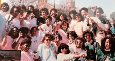 New AKAs in spring 1986. In their pink and green, Kamala Harris celebrates on The Yard with her line sisters.