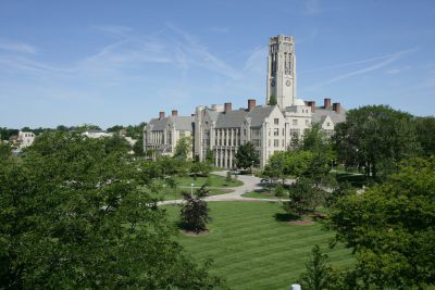 Centennial Mall and the University Hall Clock Tower from the rooftop of HSHS.