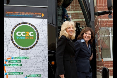 Dr. Jill Biden attends the Community College to Career Tour in 2012 to highlight the importance of community colleges in fostering careers.