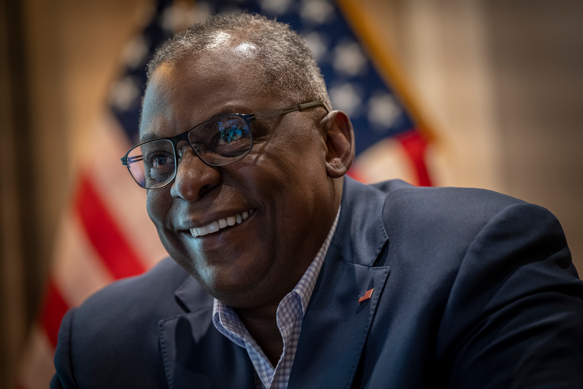 Secretary of Defense Lloyd J. Austin III speaks with service members competing in the 2021 Tokyo Olympics and Paralympics, via video conference in July. (DoD photo by Chad J. McNeeley)