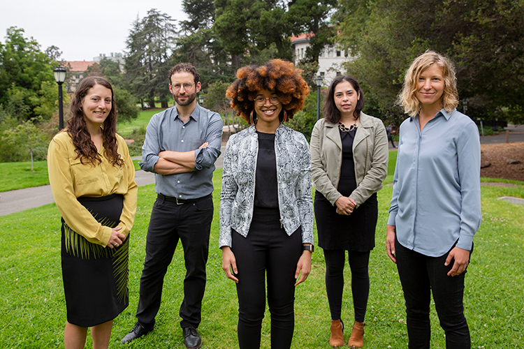 UC Berkeley&rsquo;s new interdisciplinary Climate Equity and Environmental Justice faculty cluster. From left, Meg Mills-Novoa, Daniel Aldana Cohen, Maya Carrasquillo, Danielle Zoe Rivera and Zo&eacute; Hamstead.