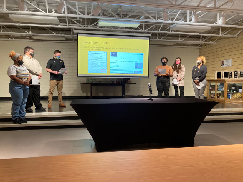 Students explain the Clyde Kennard case during a Nov. 30 community presentation at the Eureka School.