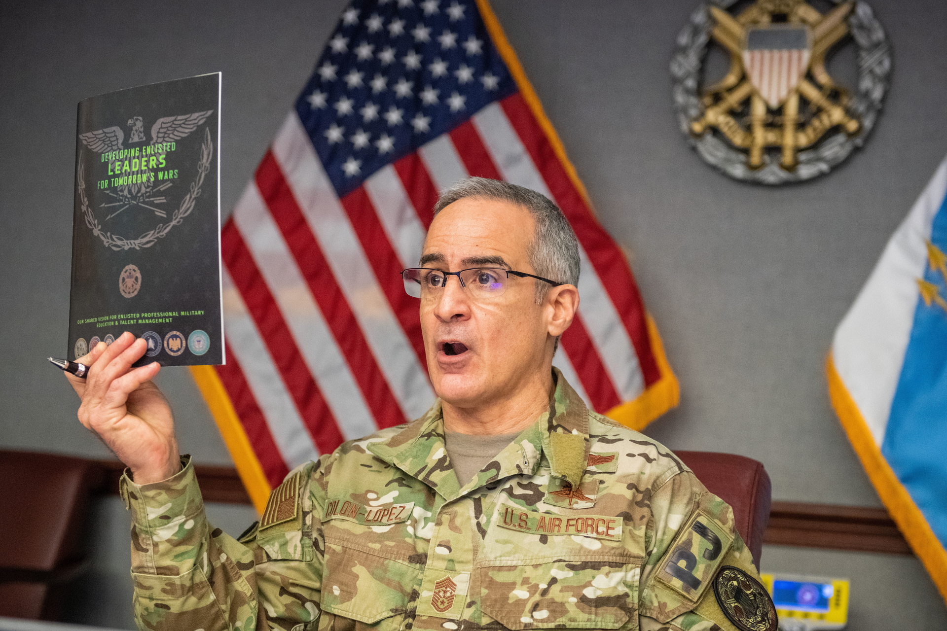 Senior Enlisted Advisor to the Chairman Ram&oacute;n 'CZ' Col&oacute;n-L&oacute;pez briefs the department&rsquo;s senior noncommissioned officers on the new publication 'Developing Enlisted Leaders for Tomorrow's Wars&rdquo; during a meeting in the Pentagon.