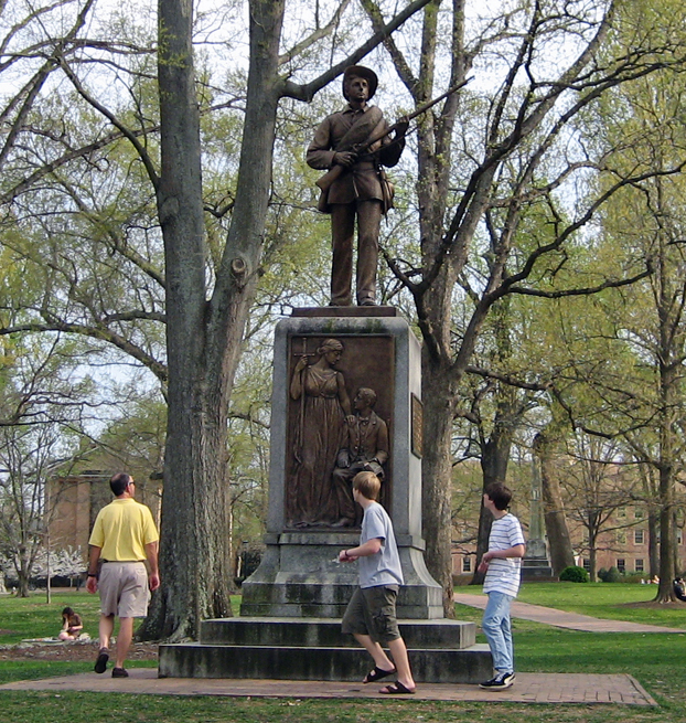 'Silent Sam,' the nickname for The Confederate Monument, on the UNC Chapel Hill campus before being pulled down by protestors in 2018.