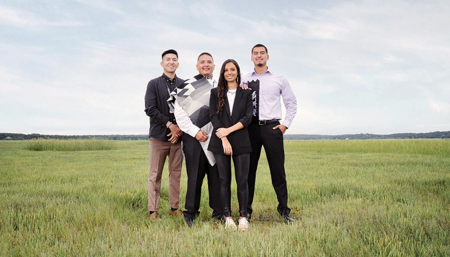 The American Indian College Fund supports Native American and Alaska Native scholars, including (left to right): Chance Begay, Navajo; Jerald Red Buffalo, Sisseton Wahpeton Oyate; Samantha Maltais, Wampanoag of Aquinnah; and Trey Blackhawk, Winnebago of Nebraska