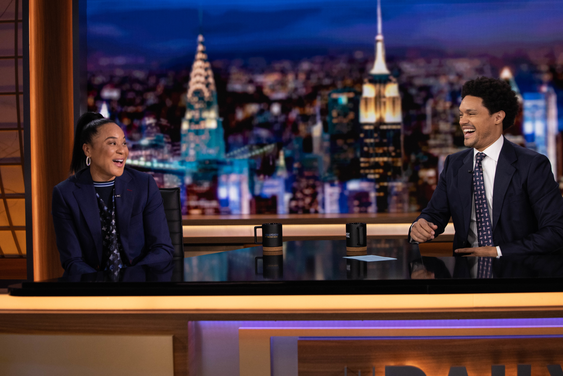 Dawn Staley, left, appears on 'The Daily Show with Trevor Noah.'