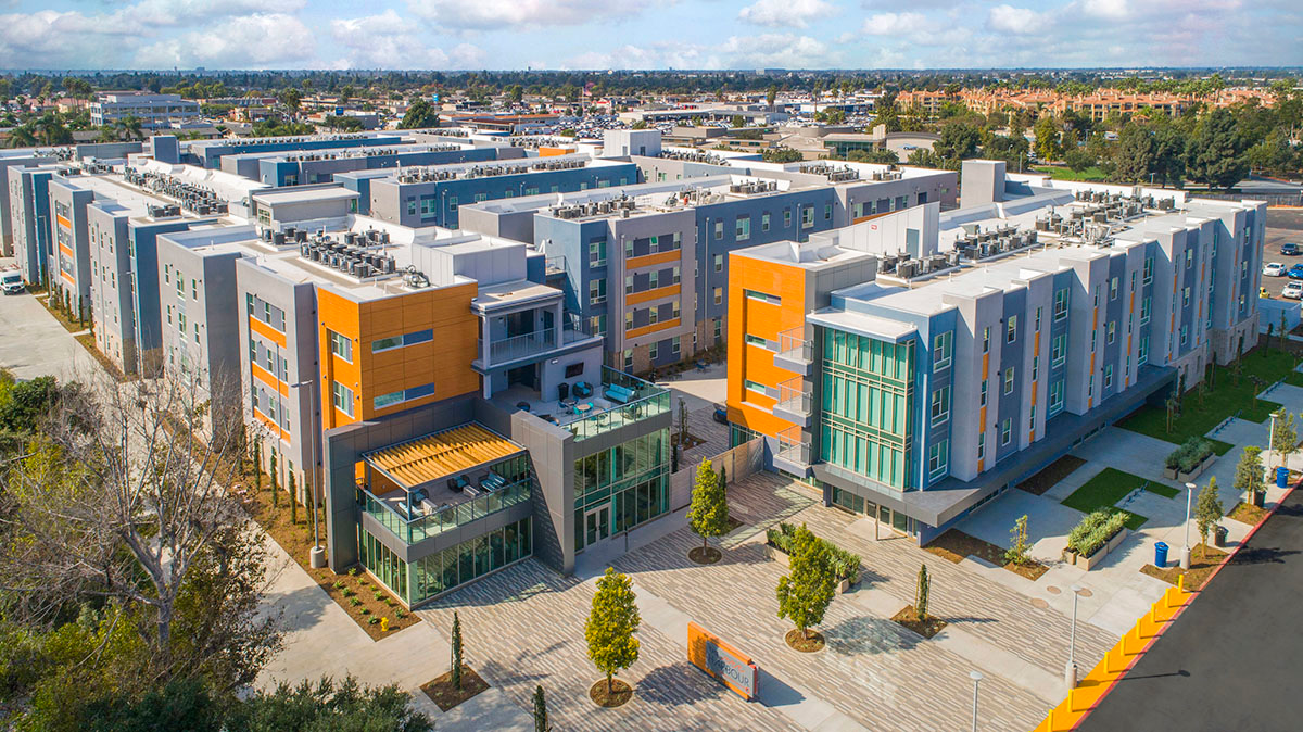 The Harbour, where 800 Orange Coast College students live on campus. The residence opened in 2020.