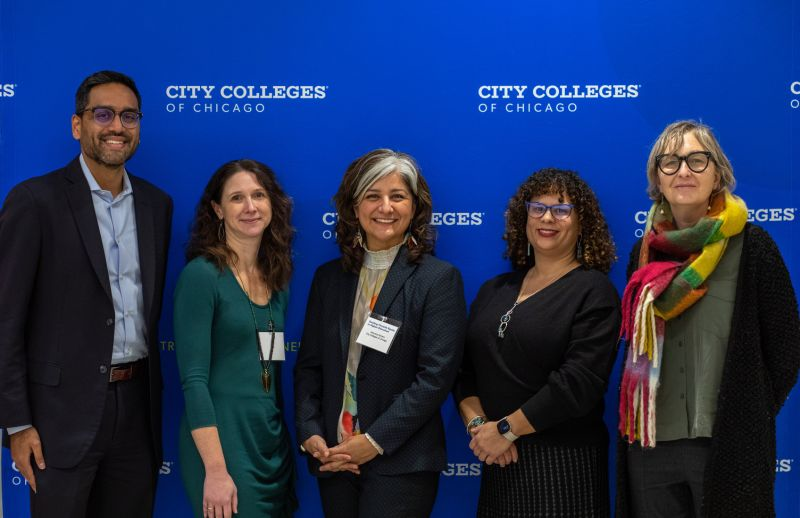 Pictured from the left, OMD CEO, Aneesh Sohoni; Kelly Hallberg, Scientific Director at University of Chicago Inclusive Economy Lab; Veronica Herrero, Chief of Staff and Vice-Chancellor of Institutional Advancement at City Colleges of Chicago; Joanna Trotter Executive Director at JPMorgan Chase; Marianne Bertrand, Professor of Economics at University of Chicago Booth School of Business .