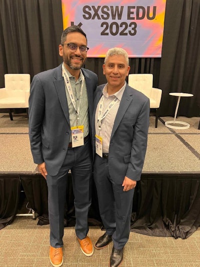 Aneesh Sohoni and City Colleges of Chicago Chancellor Juan Salgado participate in SxSW panel, How Diverse Students Access & Thrive in College. Photo credit: Jessica Douglas, OMD.