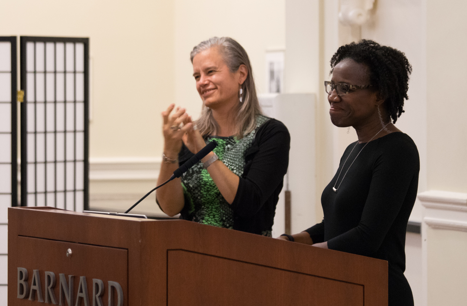 Dr. Janet Jakobsen, left, is with Dr. Tina Campt, who served as director of the Barnard Center for Research on Women (BCRW) following Jakobsen's 15-year stint as director between 2000 and 2015.