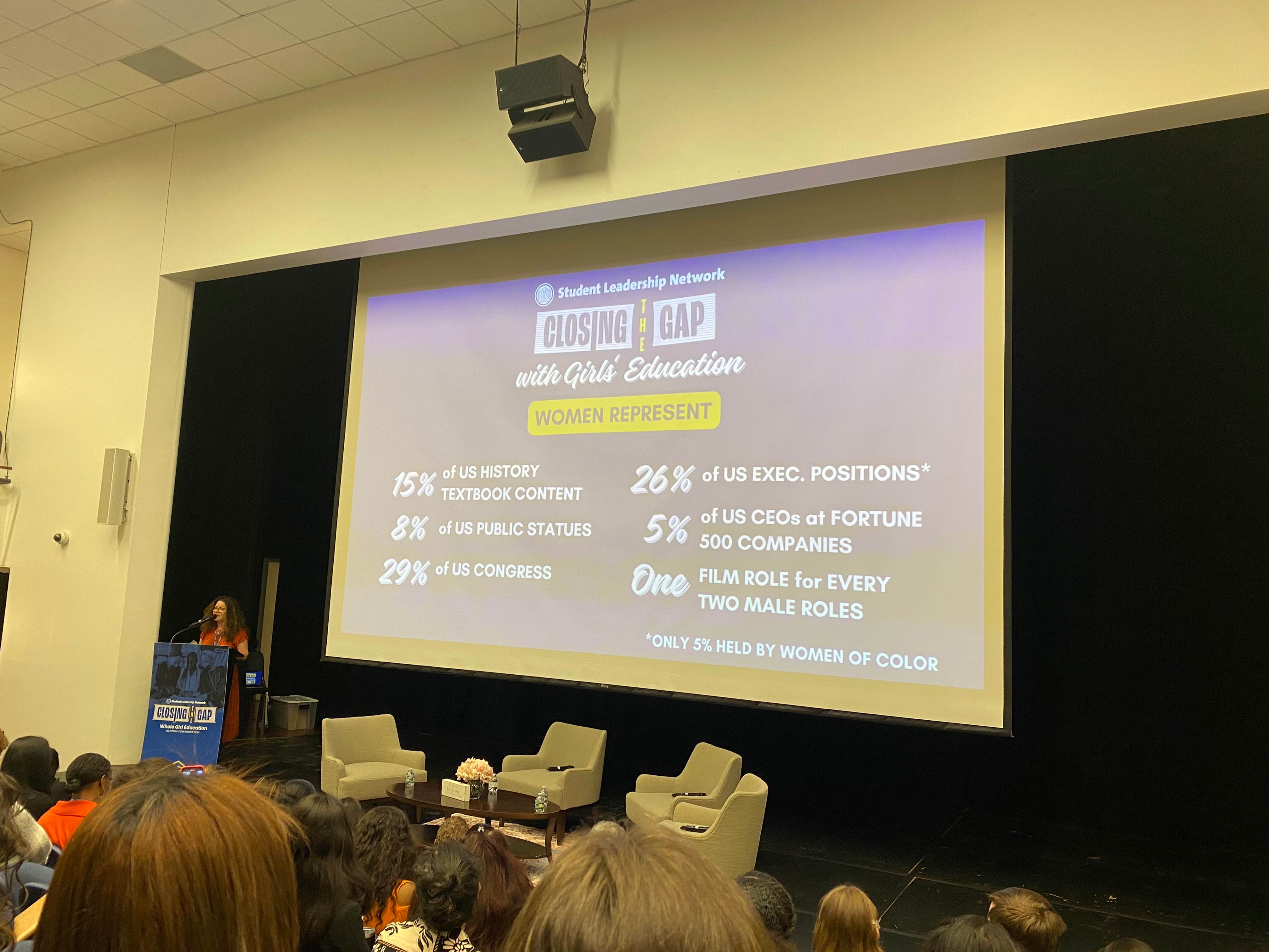 Laura Rebell-Gross, senior managing director of Girls&rsquo; Education with the Student Leadership Network, addresses the conference attendees.