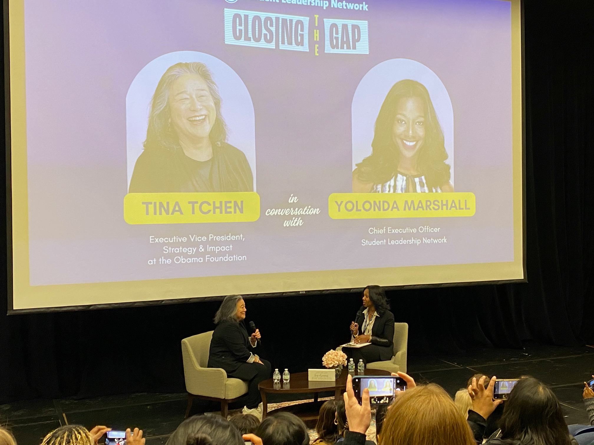 Tina Tchen, left, and SLN CEO Yolonda Marshall sit in conversation at the Whole Girl Education National Conference.