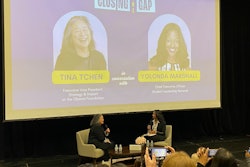 Tina Tchen, left, and SLN CEO Yolonda Marshall sit in conversation at the Whole Girl Education National Conference.