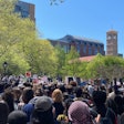 Student, faculty, and public protestors come together at Washington Square Park near New York University on April 23, the day after NYU leaders directed the NYPD to arrest over 130 protestors.