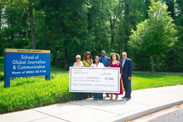 Show, from left, are: Jacqueline Jones, dean of Morgan State University's School of Global Journalism & Communication; Kali-Ahset Amen, executive director of the Center for Journalism & Democracy; Jah'I Selassie, the editor-in-chief at The Spokesman; Milton Kent, professor of practice at Morgan State University and faculty advisor at The Spokesman; Lillian Stephens, managing editor at The Spokesman; and DeWayne Wickham, dean emeritus and director of the Center for New Media & Strategic Initiatives at Morgan State.