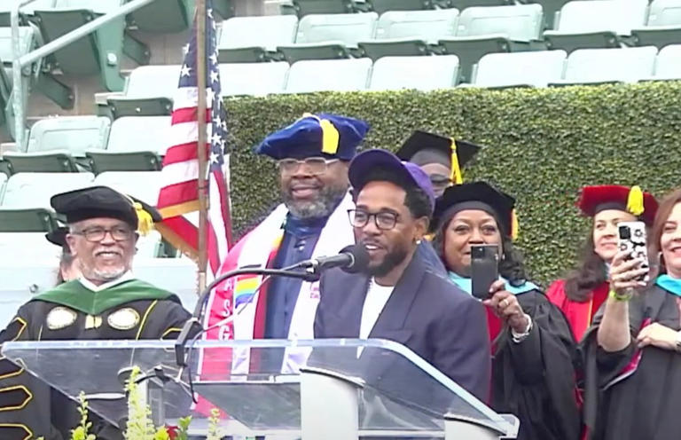 Dr. Keith Curry, president of Compton College with rapper Kendrick Lamar.