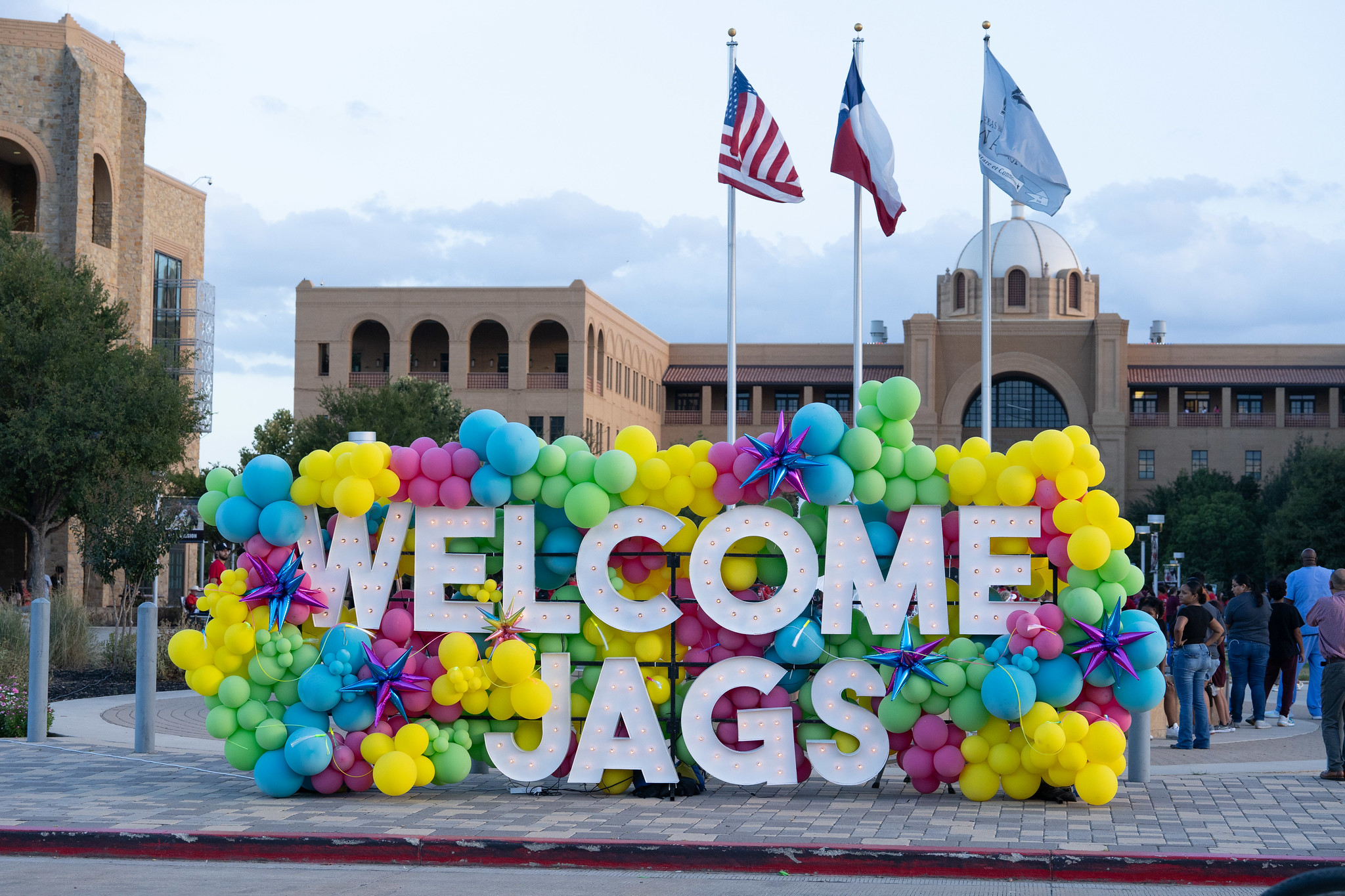 'Welcome Jags' sign from Fall 2023 at Texas A&M University-San Antonio. From TAMUSA Photo Archives, 'Jaguar March', Aug 2023.