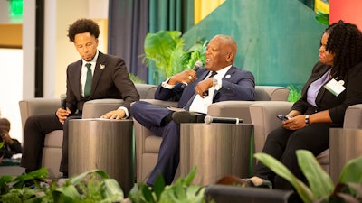 (From left) Sacramento State President Dr. Luke Wood joins Stephen K. Benjamin, assistant to the President, senior advisor to the President, and director of the White House Office of Public Engagement and Monique Toussaint, the senior advisor, White House Initiative on Advancing Equity, Excellence, and Economic Opportunity for Black Americans in a panel discussoin about the impact of Sacramento State's Black Honors College.