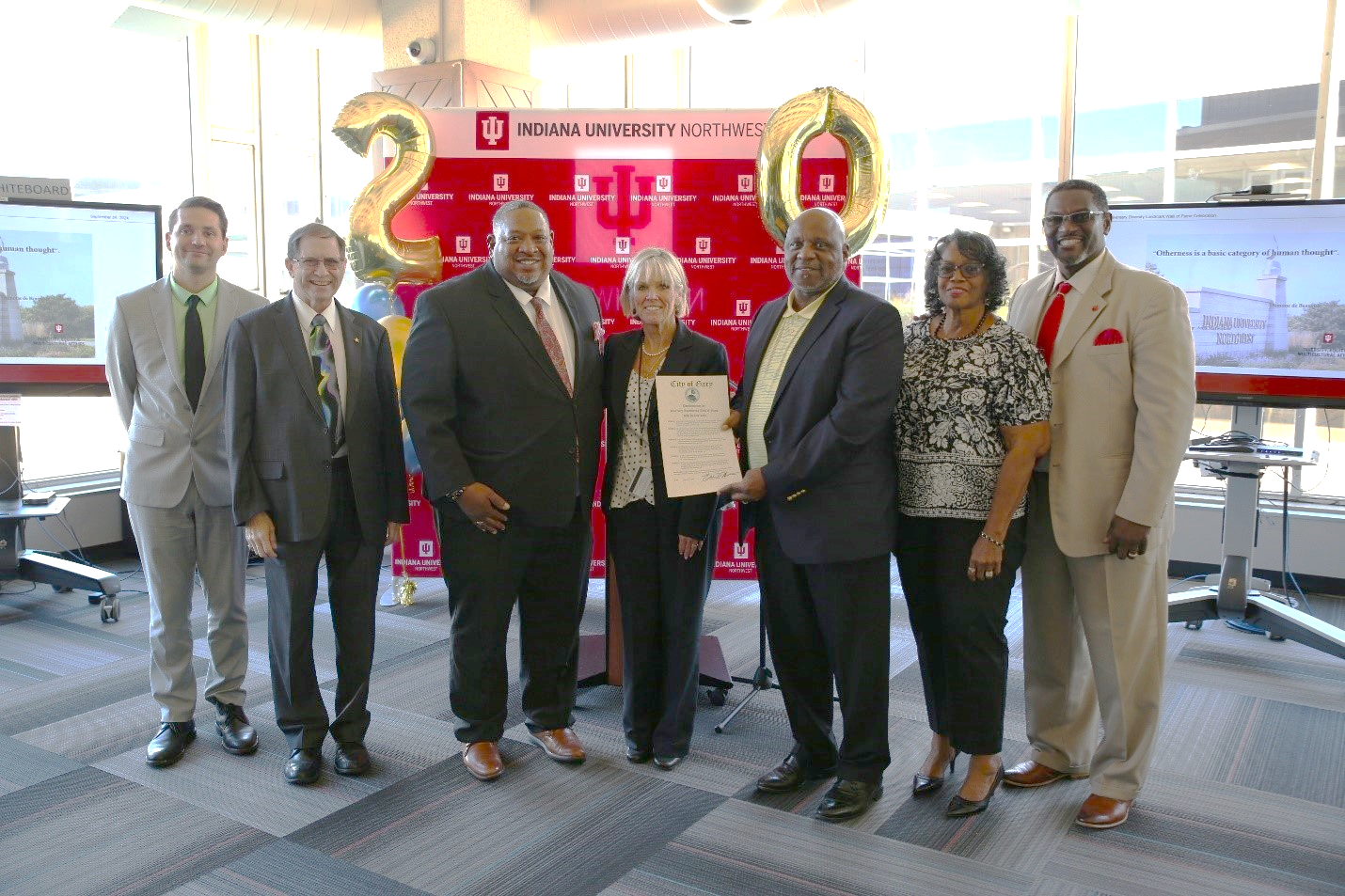 Jeremy Pekarek (Archivist, Calumet Regional Archives), Dr. Mark Sperling (Dean, School of Education), Dr. James Wallace (Director, ODEMA), Dr. Vicki Rom&aacute;n-Lagunas (Interim Chancellor), Michael Suggs (COO, City of Gary), Kathy Malone (IUN founding cabinet member), & Dr. Ken Coopwood (Diversity Landmarks Founder)