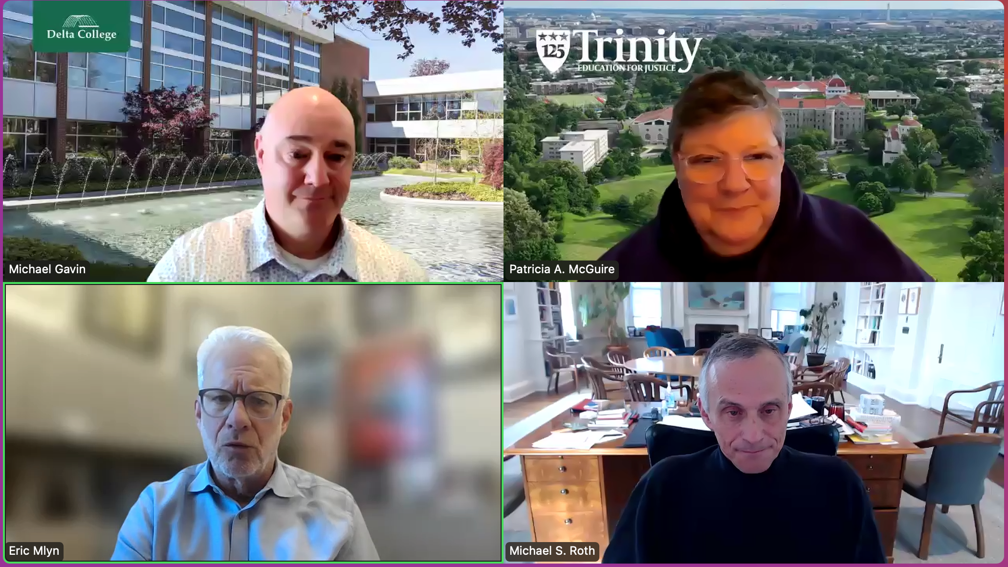 From left to right clockwise: Dr. Michael Gavin of Delta College; Patricia A. McGuire of Trinity Washington University; Dr. Michael S. Roth of Wesleyan University, and Eric Mlyn, director of the Democracy and Politics of American Higher Education project at Duke University&rsquo;s Kenan Institute for Ethics.