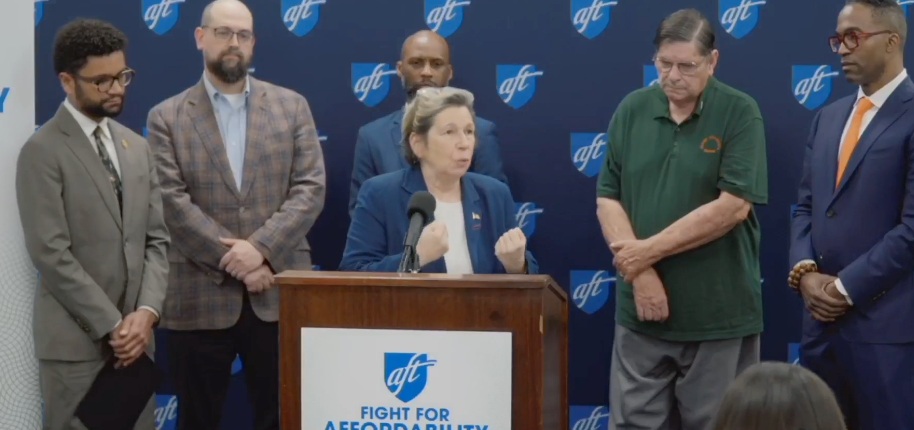 UFT President Randi Weingarten speaking at press conference.
