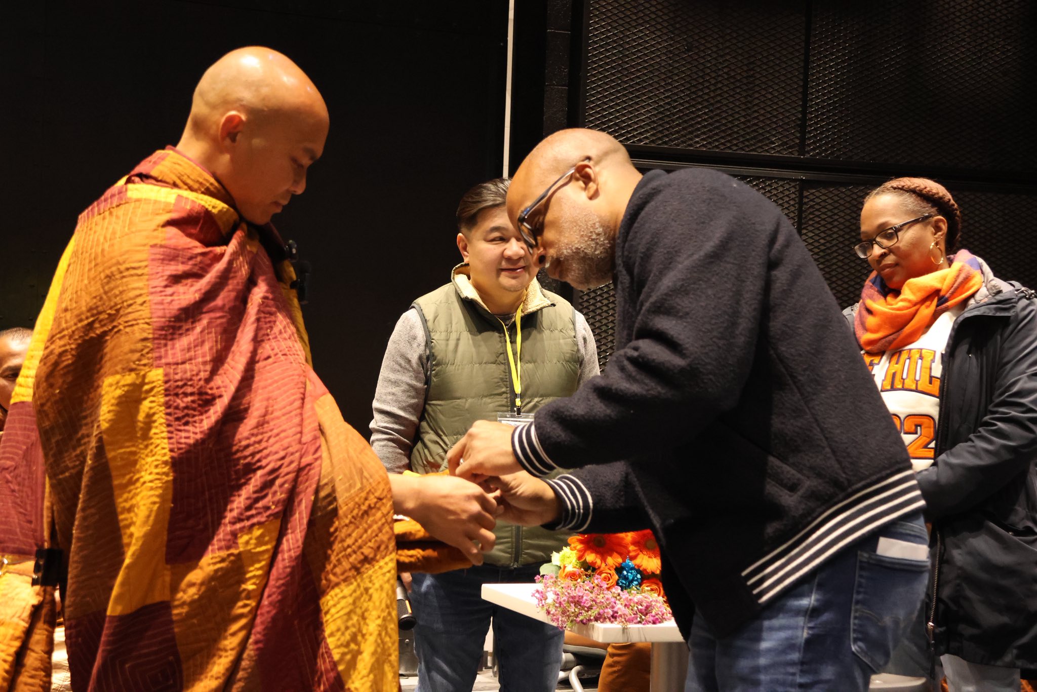 VSU President Dr. Makola M. Abdullah welcomes the monks to campus.