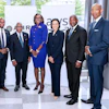 HBCU senior leaders at a press conference announcing the launch of the Association of HBCU Research Institutions included (left to right): Donald Palm, Ph.D., executive vice president for health science enterprise and research innovation at Florida A&M University; Heidi M. Anderson, Ph.D., president of the University of Maryland Eastern Shore; Wayne A. I. Frederick, M.D., MBA, FACS, Howard University interim president, president emeritus, and Charles R. Drew Professor of Surgery and AHRI interim president; David K. Wilson, Ed.D., president of Morgan State University and chair of the AHRI Board; Tomikia P. LeGrande, Ed.D., president of Prairie View A&M University and vice chair of the AHRI Board; Aminta H. Breaux, Ph.D., president of Bowie State University; Gen. Darrell K. Williams, president of Hampton University; and James W. Crawford III, J.D., LLM, president of Texas Southern University.