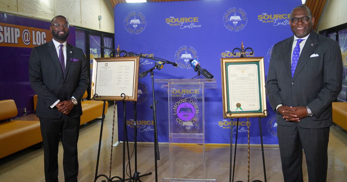 Memphis Mayor Paul Young and LeMoyne-Owen College President Dr. Christopher B. Davis pictured following the declaration of the City of Memphis and Shelby County’s designation of August 7 as LeMoyne-Owen’s 807 Day.