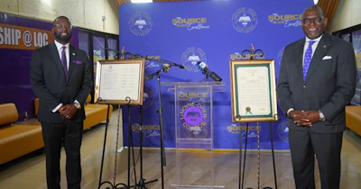 Memphis Mayor Paul Young and LeMoyne-Owen College President Dr. Christopher B. Davis pictured following the declaration of the City of Memphis and Shelby County’s designation of August 7 as LeMoyne-Owen’s 807 Day.