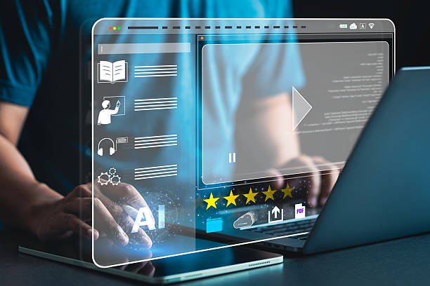 Digital interface mockup with AI media player, 5-star rating, and video controls on transparent screen