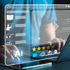 Digital interface mockup with AI media player, 5-star rating, and video controls on transparent screen