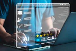 Digital interface mockup with AI media player, 5-star rating, and video controls on transparent screen